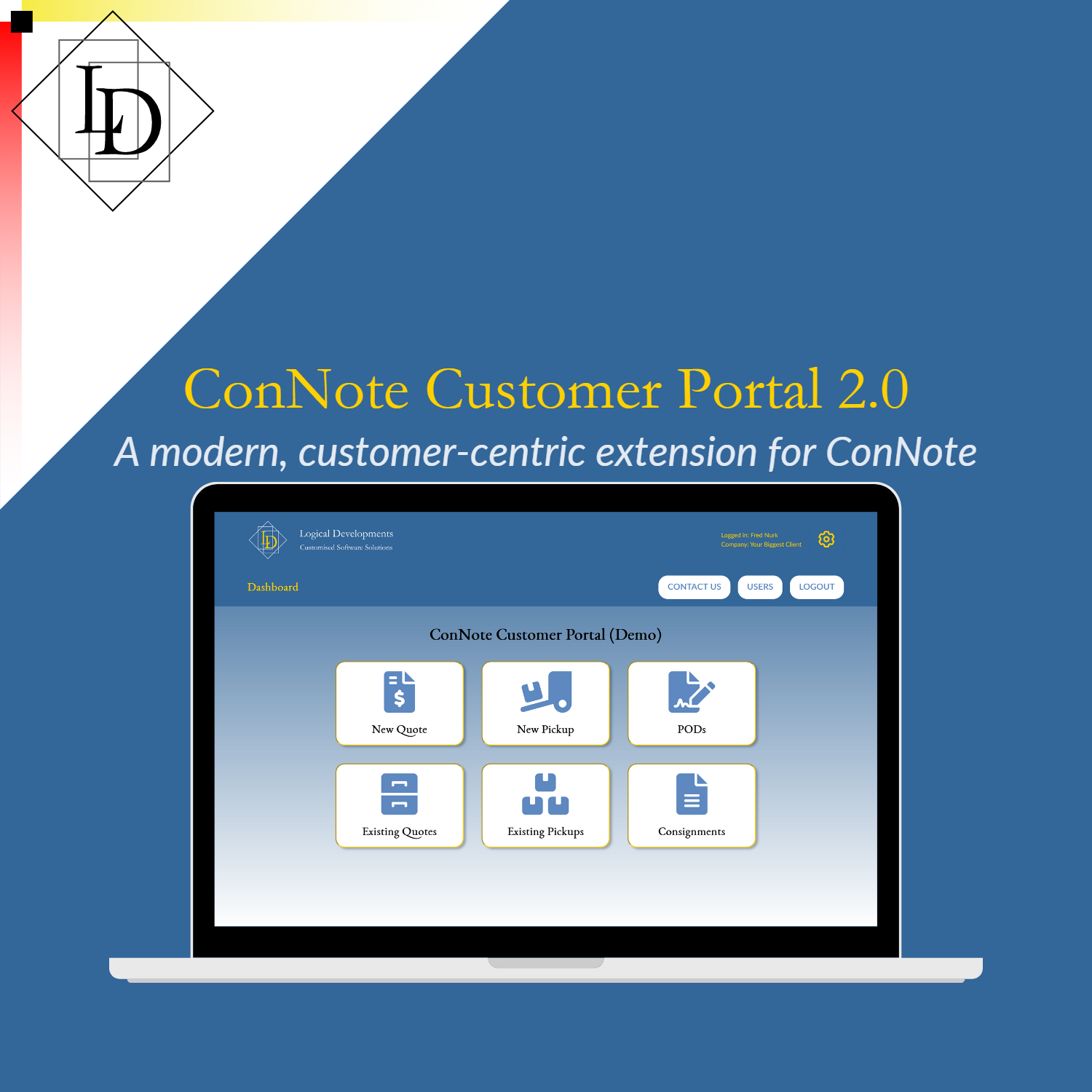 The image background is standard LD blue. The LD logo is in a white triangle aligned to the top left corner.
                The image displays an open laptop, with its screen displaying the customer portal dashboard.